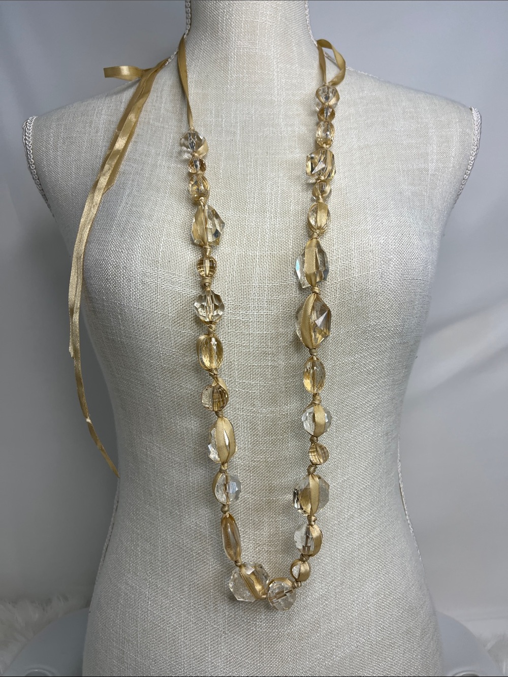 Glass  Bead Ribbon wrapped Necklace - Women Jewelry